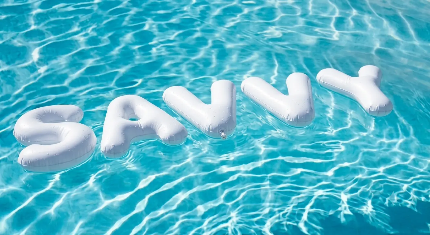 Savvy floats spelling SAVVY on bright pool water